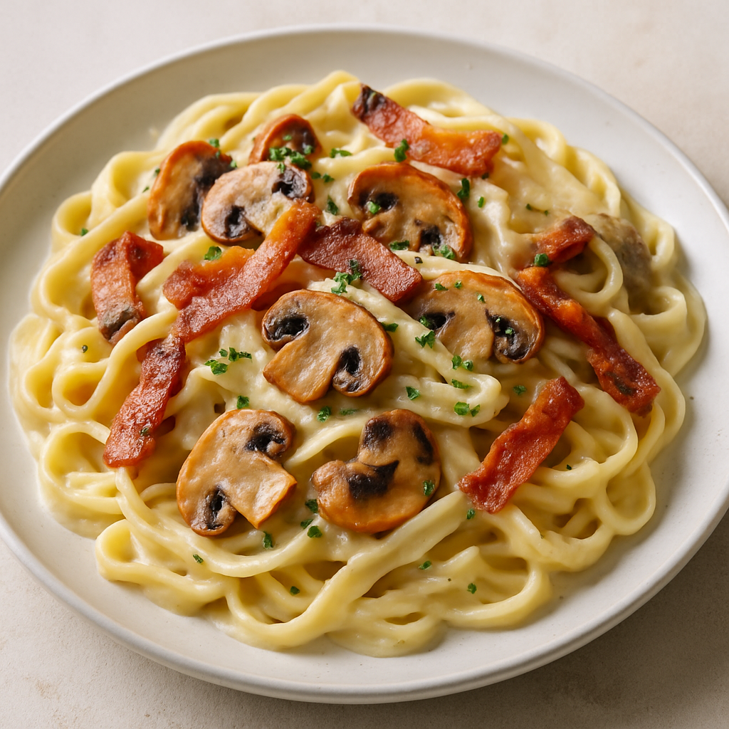 🍝🥓 Creamy Pasta with Bacon & Mushrooms – Pure Comfort on a Plate