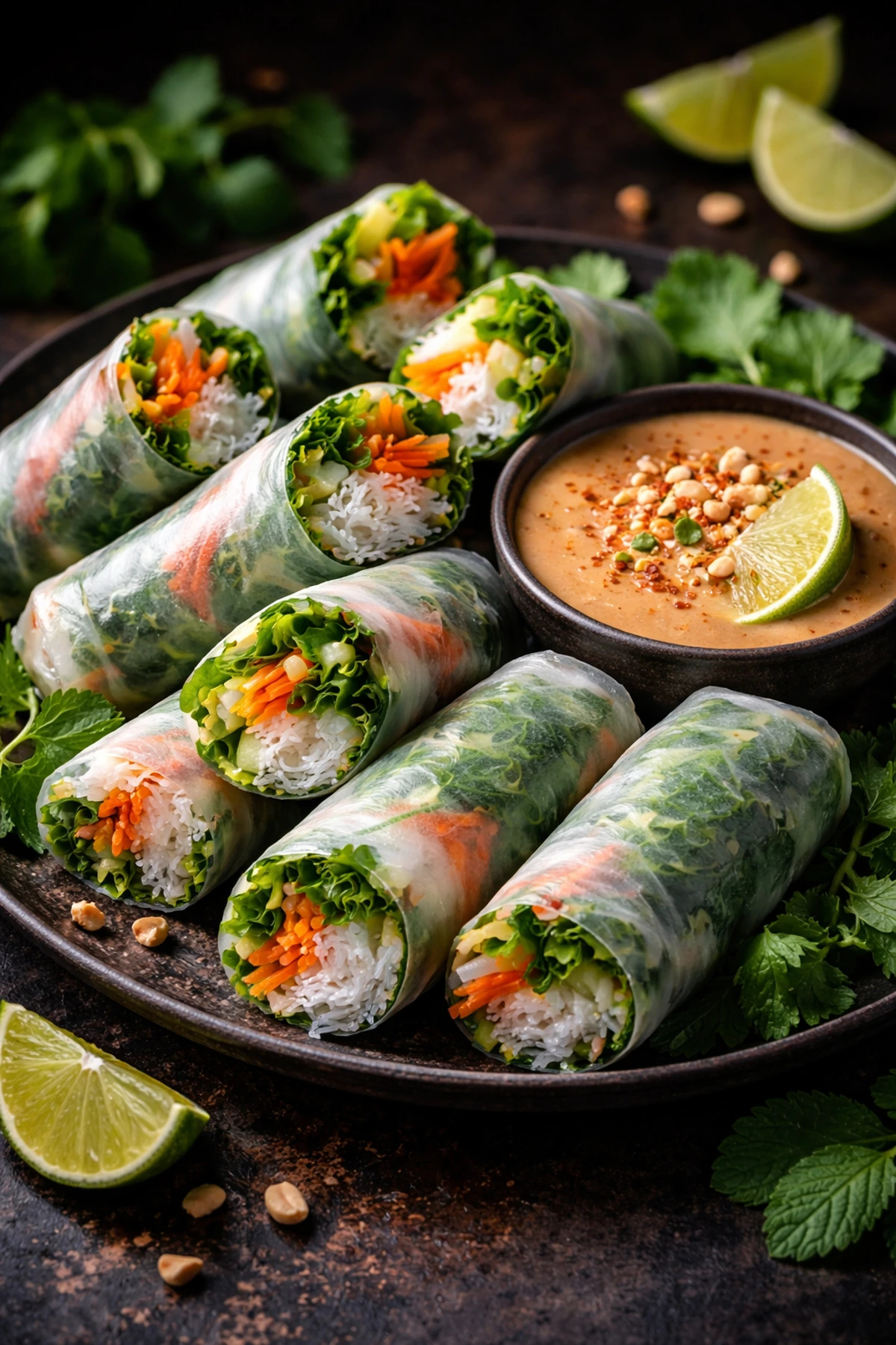 Image for recipe: Thai Fresh Spring Rolls with Peanut Lime Dip Por Pia Sod 🥬🌿