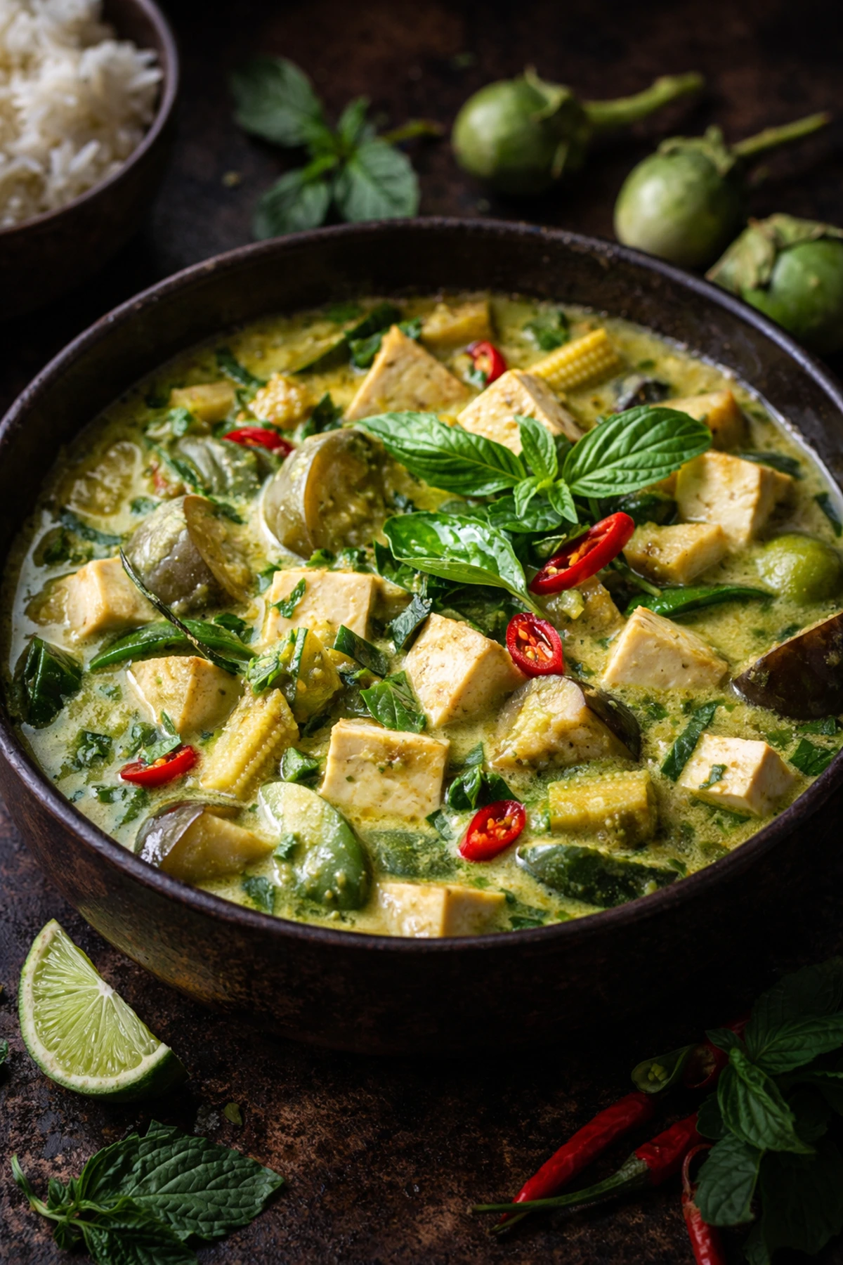 Image for recipe: Thai Green Curry with Tofu and Eggplant Gaeng Khiao Wan Jay 🍆🌿
