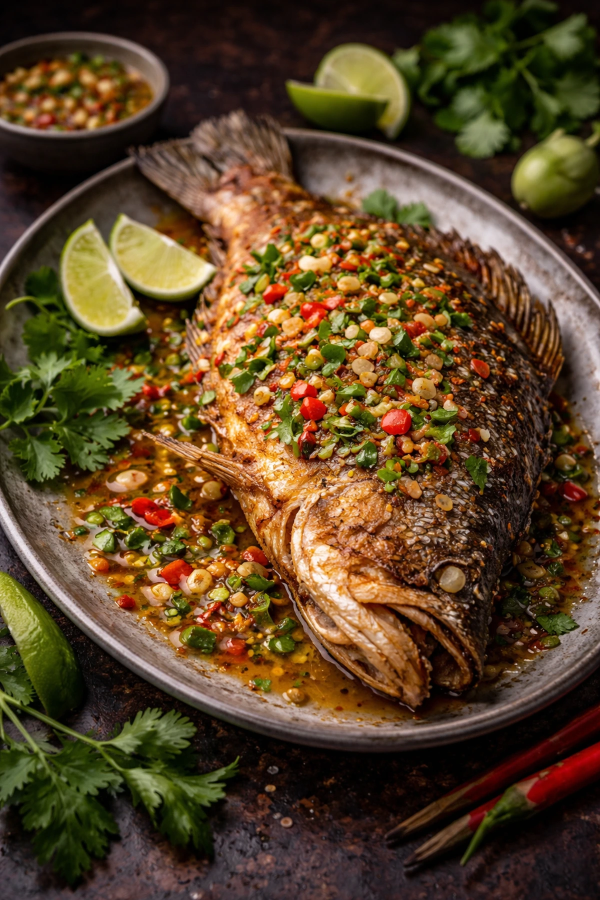 Image for recipe: Thai Crispy Sea Bass with Chili Fish Sauce Pla Tod Nam Pla 🐟🌶️