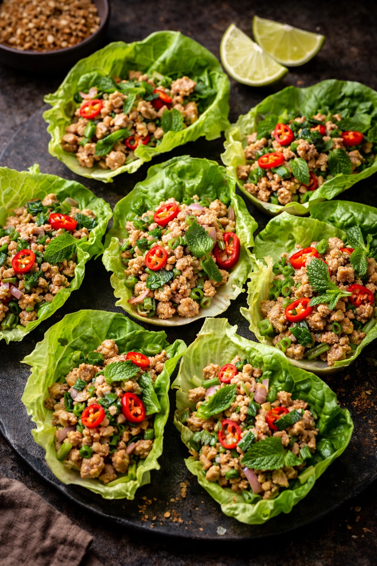Image for recipe: Thai Chicken Lettuce Cups Larb Gai Cups 🥬🌶️