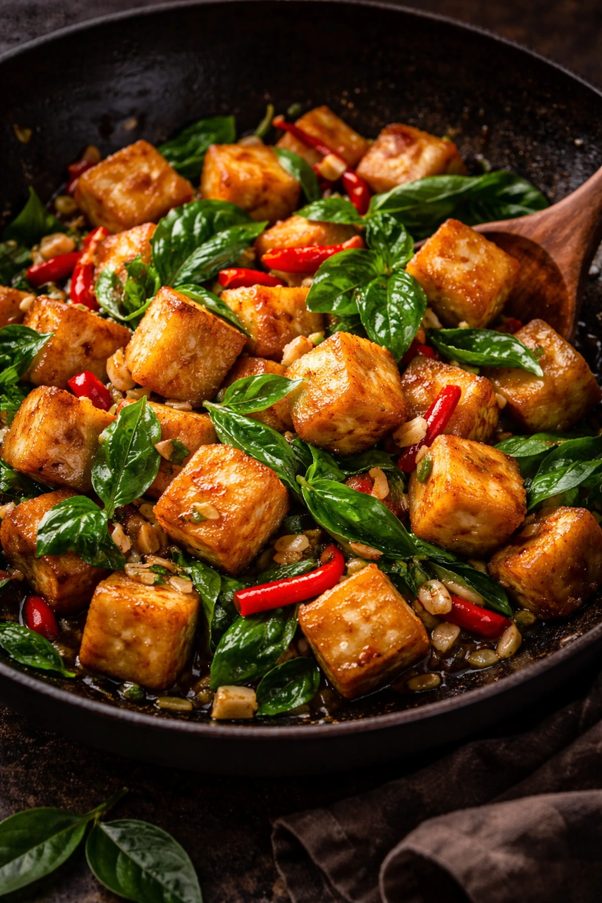 Image for recipe: Thai Crispy Tofu with Holy Basil Pad Krapow Tofu 🌿🌶️
