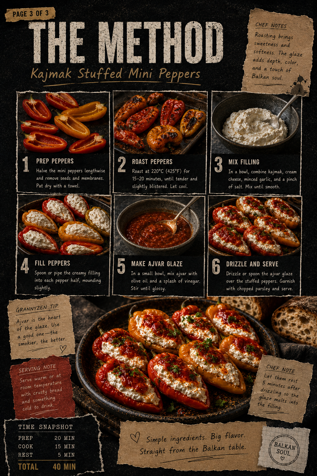 Image for recipe: Kajmak Stuffed Mini Peppers Balkan Meze 🌶️🧀