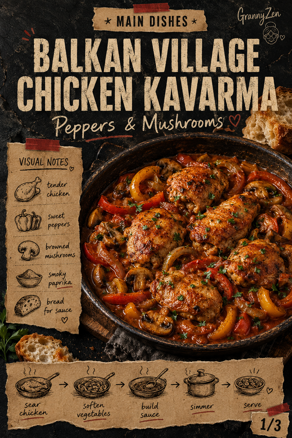 Image for recipe: Balkan Village Chicken Kavarma with Peppers and Mushrooms 🍗✨