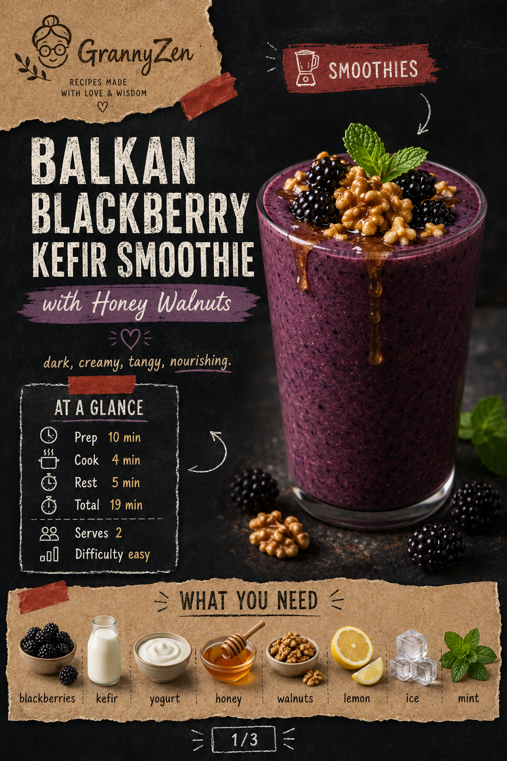 Image for recipe: Balkan Blackberry Kefir Smoothie with Honey Walnuts 🫐✨