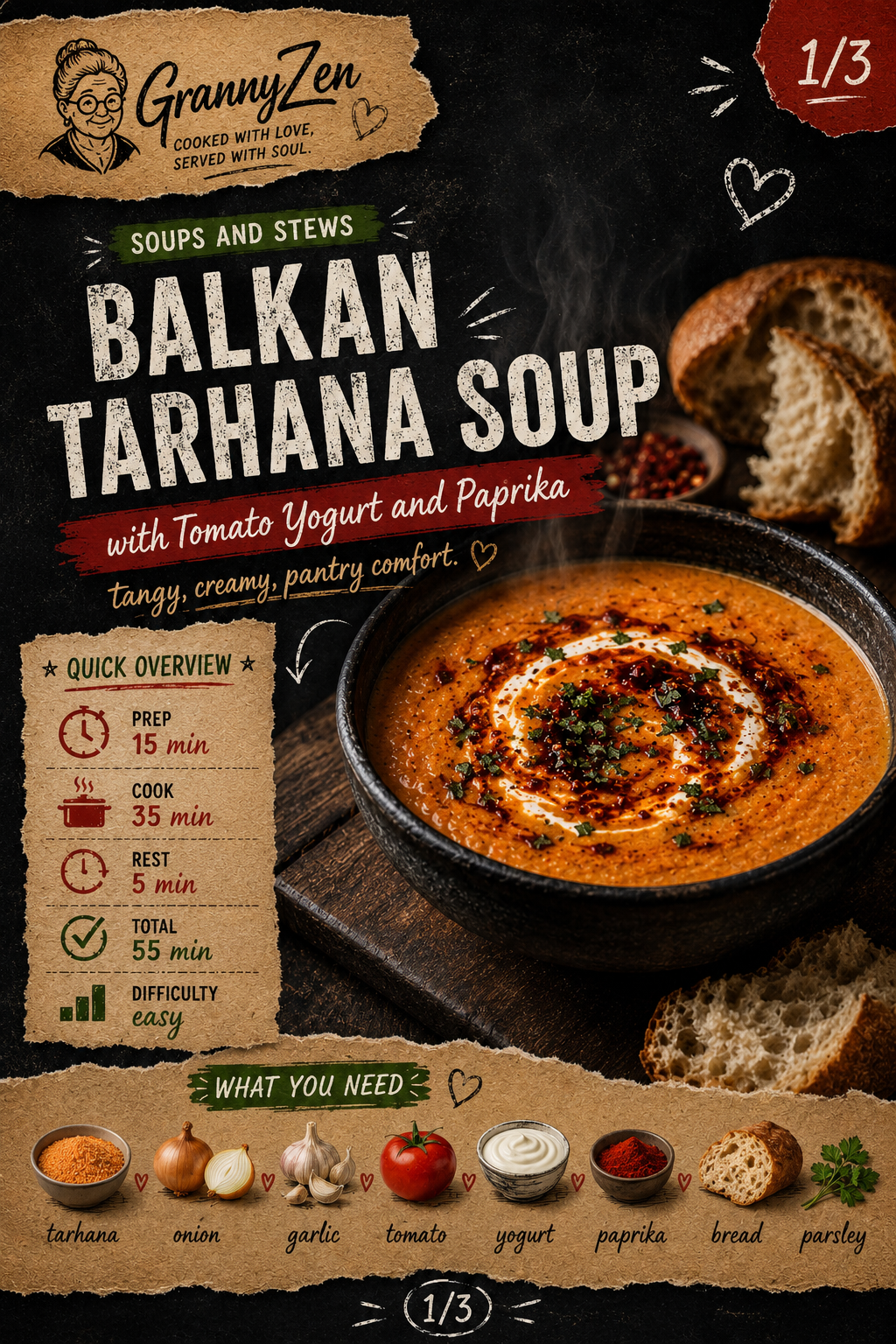Image for recipe: Balkan Tarhana Soup with Tomato Yogurt and Paprika 🍲✨