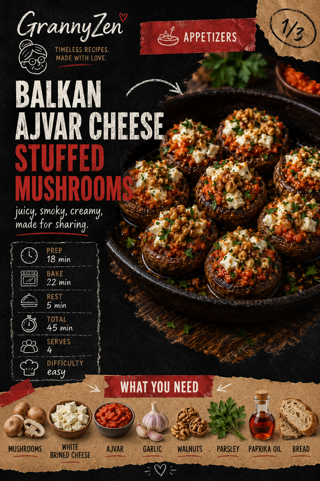 Image for recipe: Balkan Ajvar Cheese Stuffed Mushrooms 🍄✨