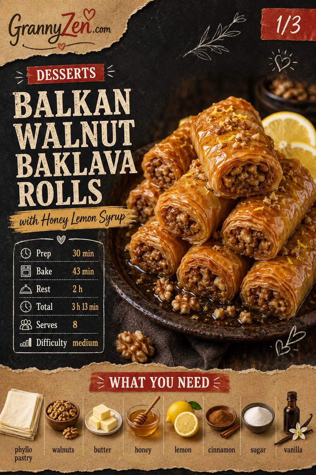 Image for recipe: Balkan Walnut Baklava Rolls with Honey Lemon Syrup 🍯✨