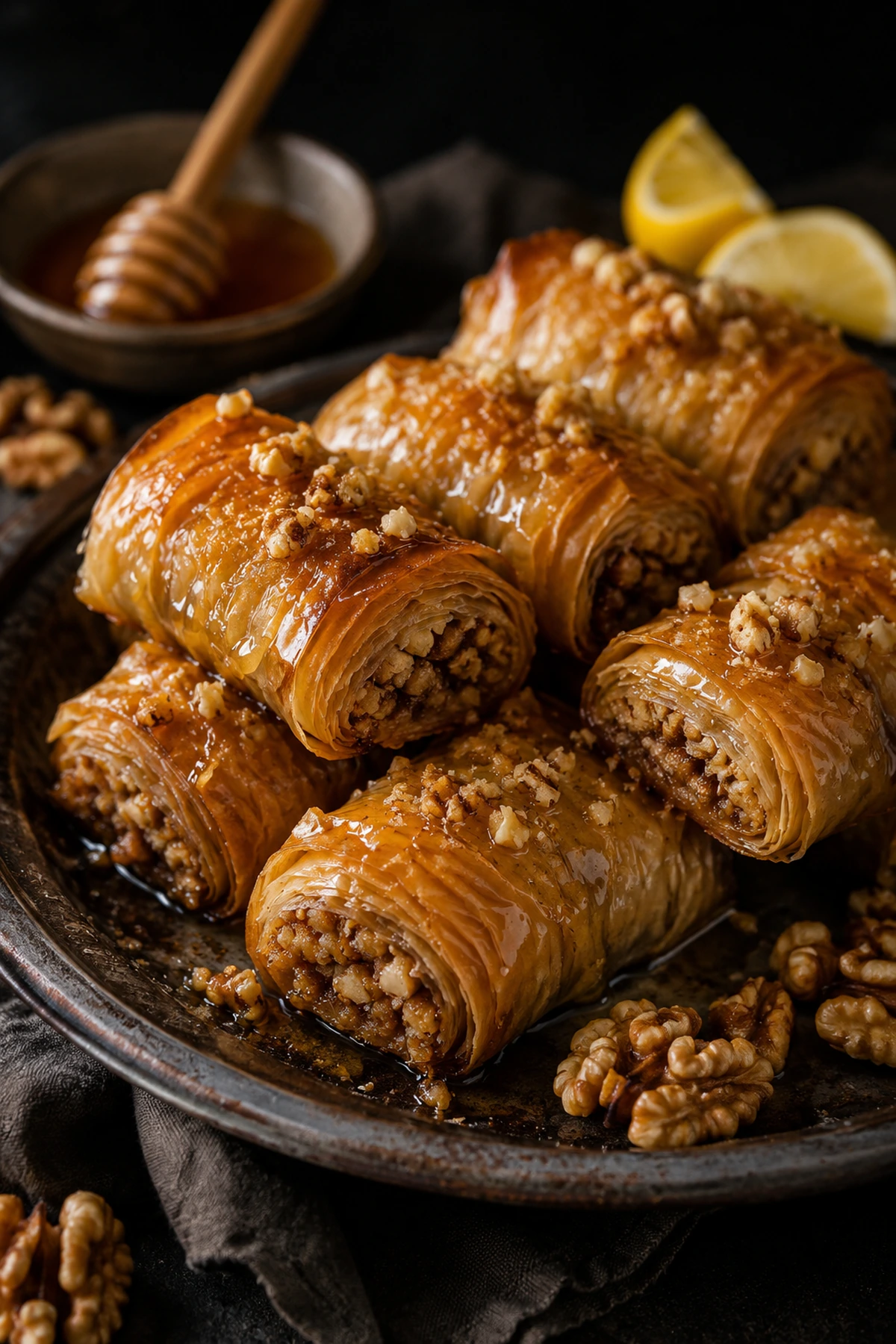 Balkan Walnut Baklava Rolls with Honey Lemon Syrup 🍯✨