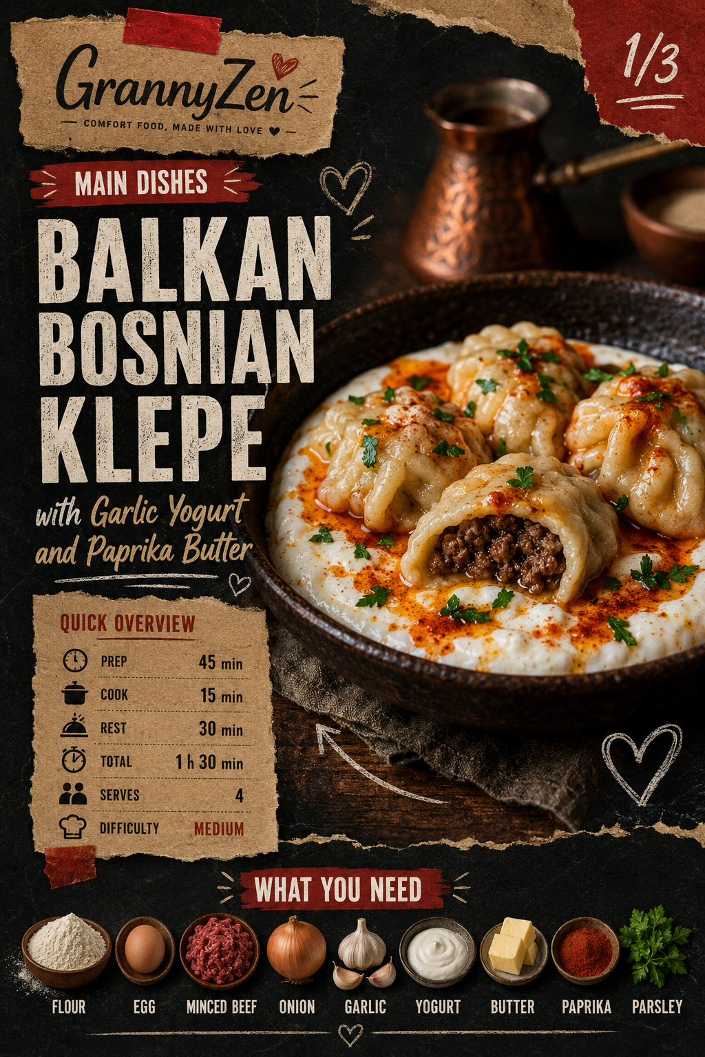 Image for recipe: Balkan Bosnian Klepe with Garlic Yogurt and Paprika Butter 🥟✨