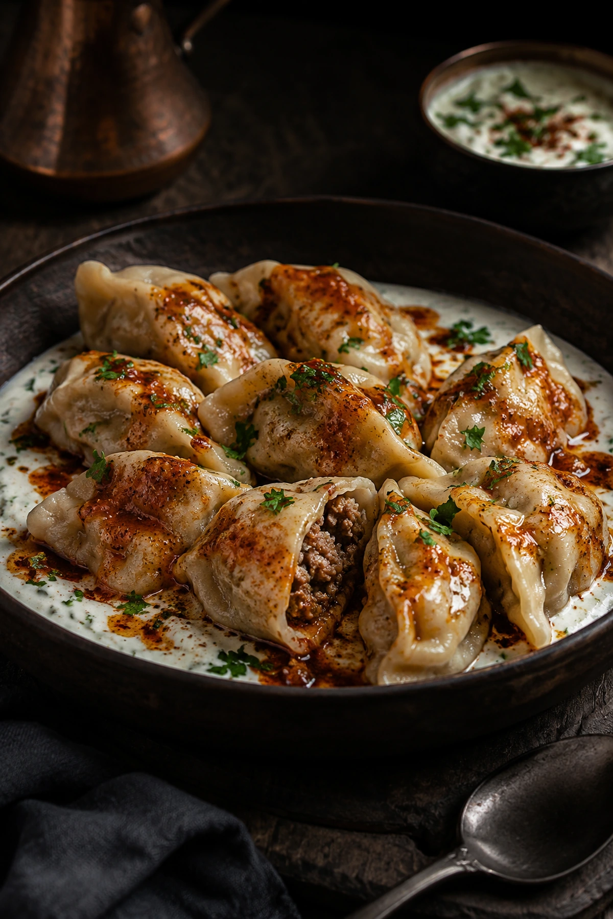 Balkan Bosnian Klepe with Garlic Yogurt and Paprika Butter 🥟✨