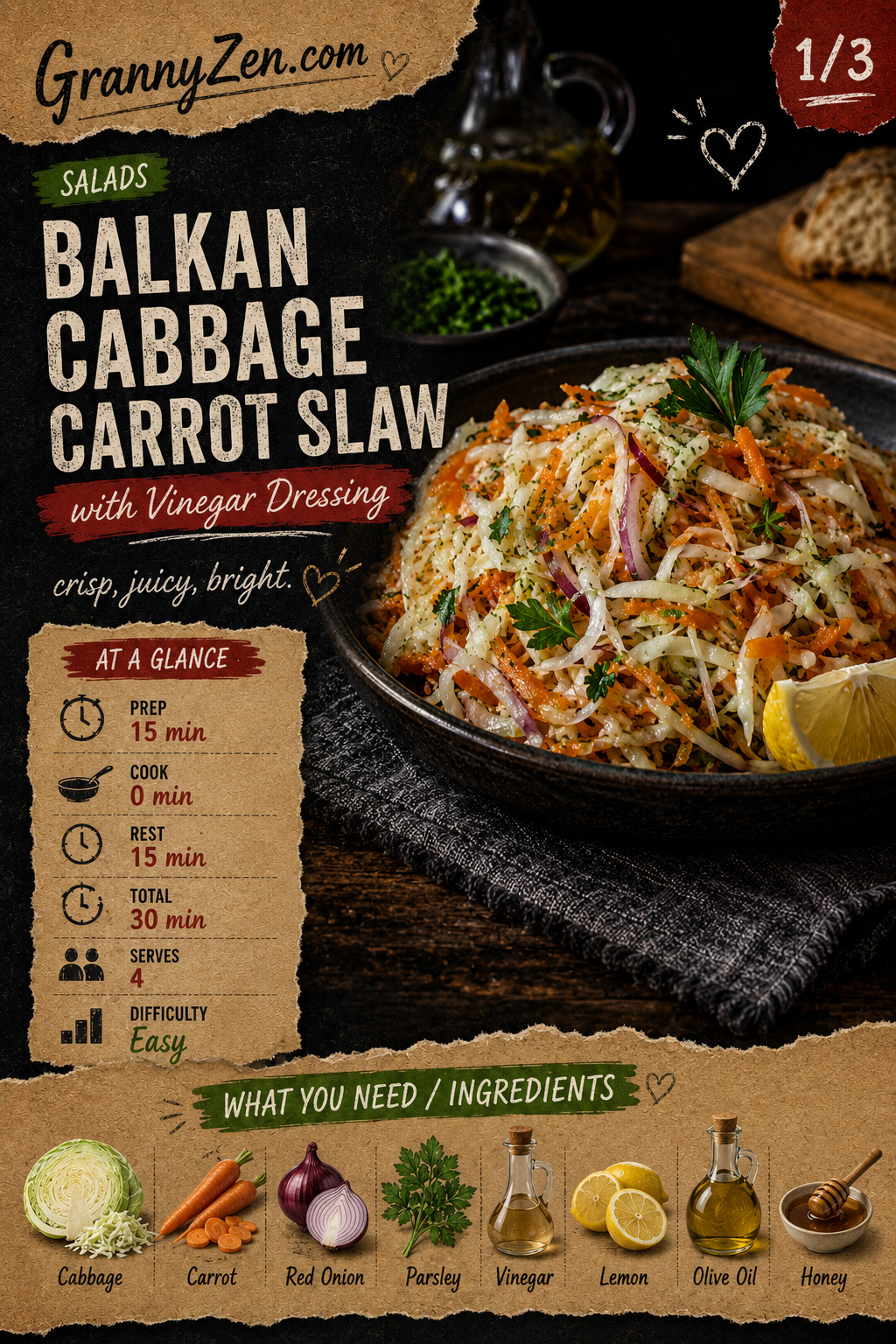 Image for recipe: Balkan Cabbage Carrot Slaw with Vinegar Dressing 🥬✨