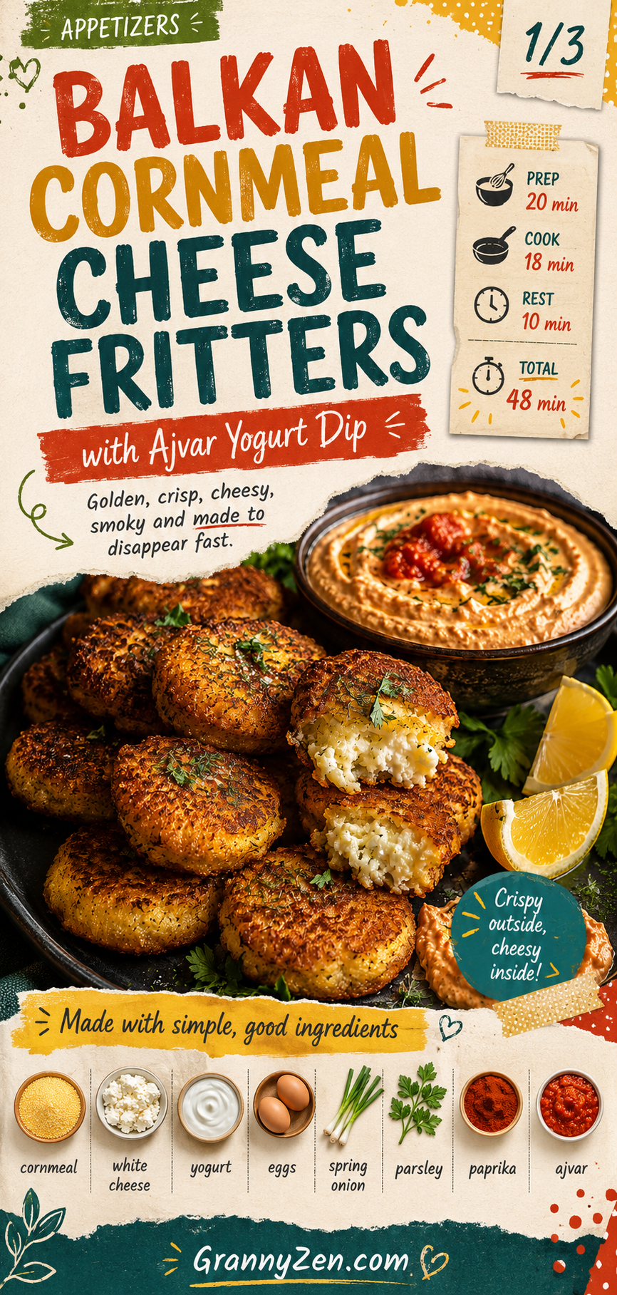 Image for recipe: Balkan Cornmeal Cheese Fritters with Ajvar Yogurt Dip 🌽✨