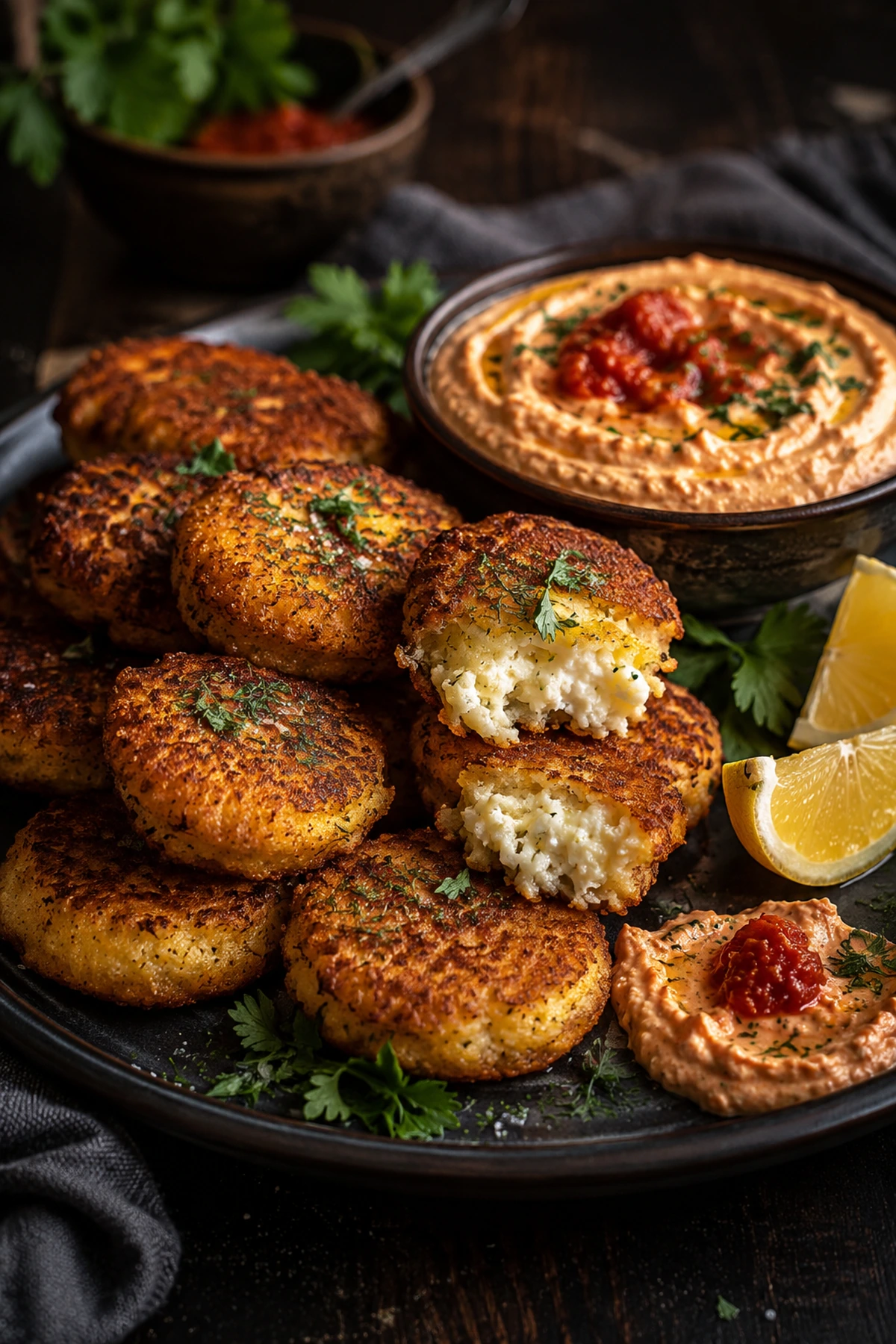 Balkan Cornmeal Cheese Fritters with Ajvar Yogurt Dip 🌽✨