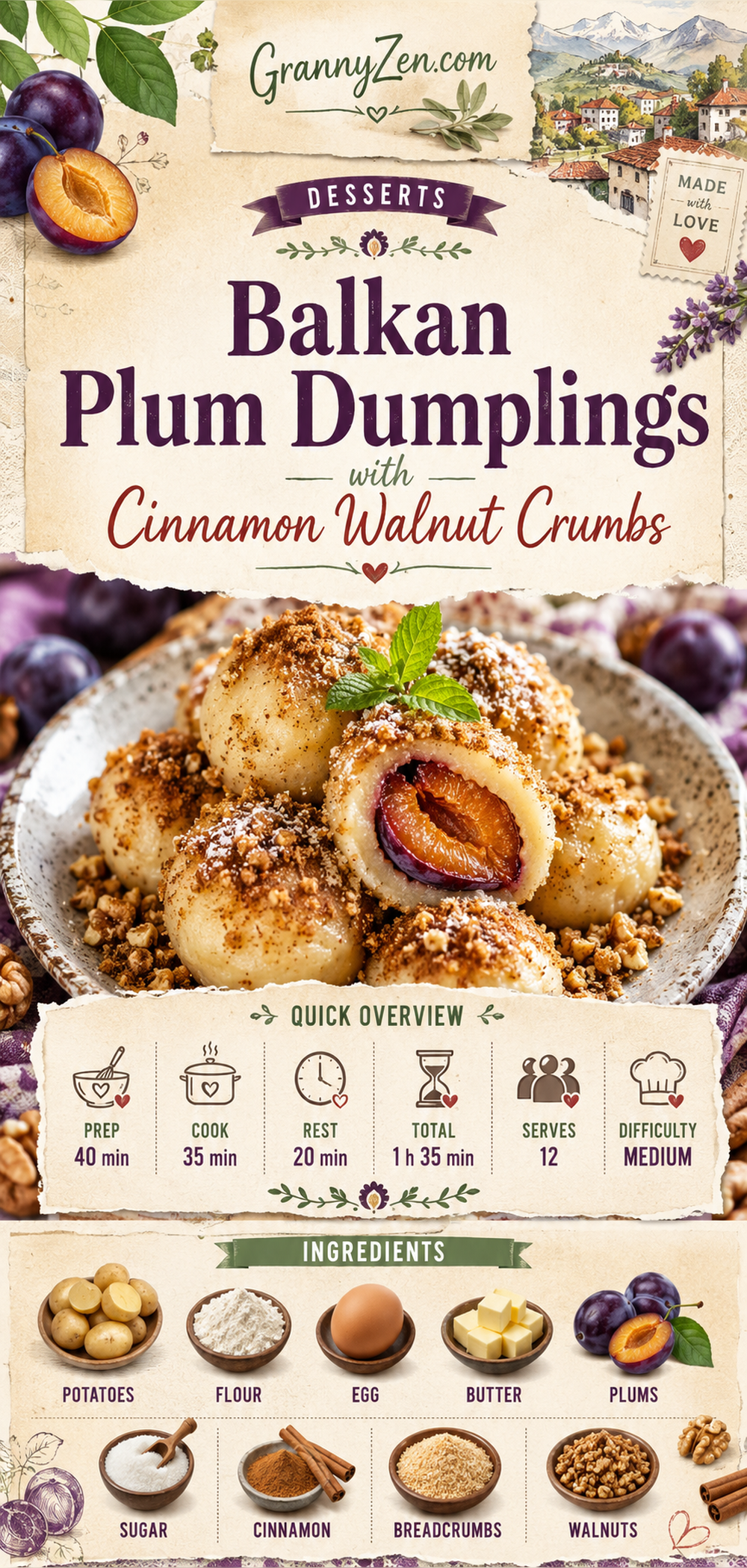 Image for recipe: Balkan Plum Dumplings with Cinnamon Walnut Crumbs 🍑✨
