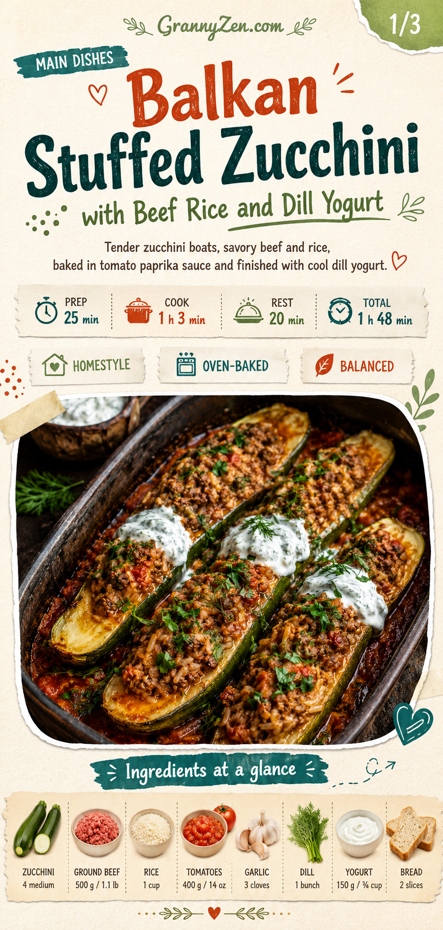 Image for recipe: Balkan Stuffed Zucchini with Beef Rice and Dill Yogurt 🥒✨