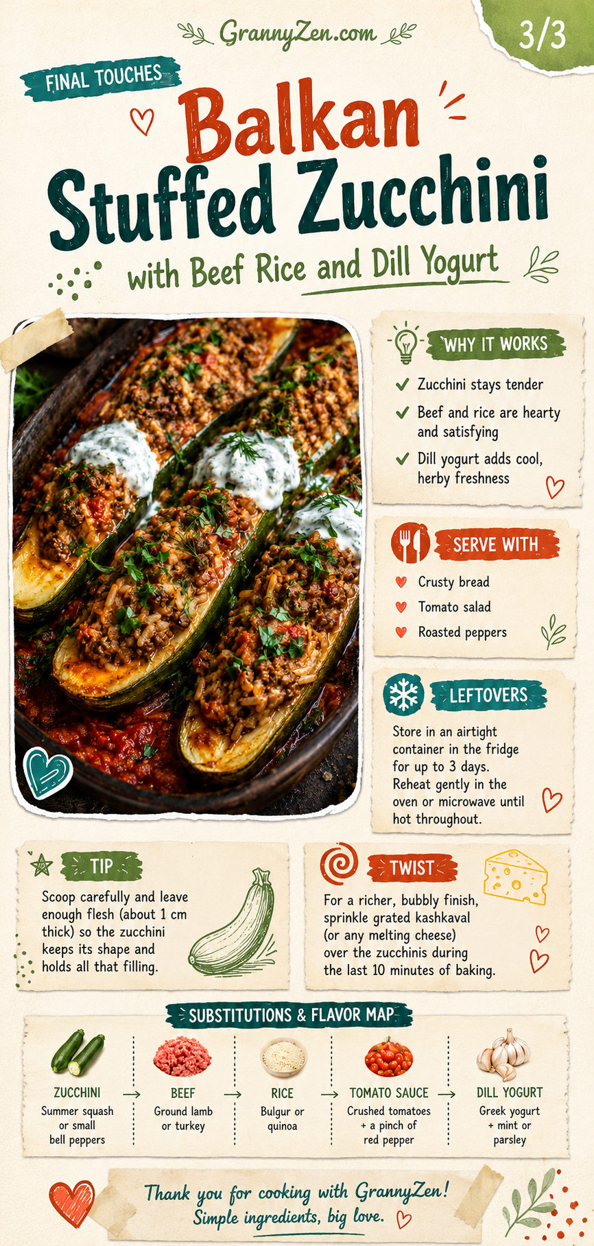 Image for recipe: Balkan Stuffed Zucchini with Beef Rice and Dill Yogurt 🥒✨
