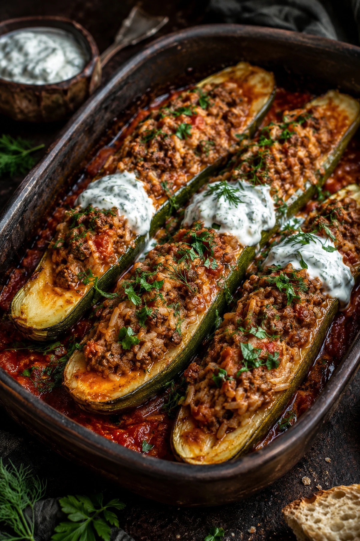 Image for recipe: Balkan Stuffed Zucchini with Beef Rice and Dill Yogurt 🥒✨