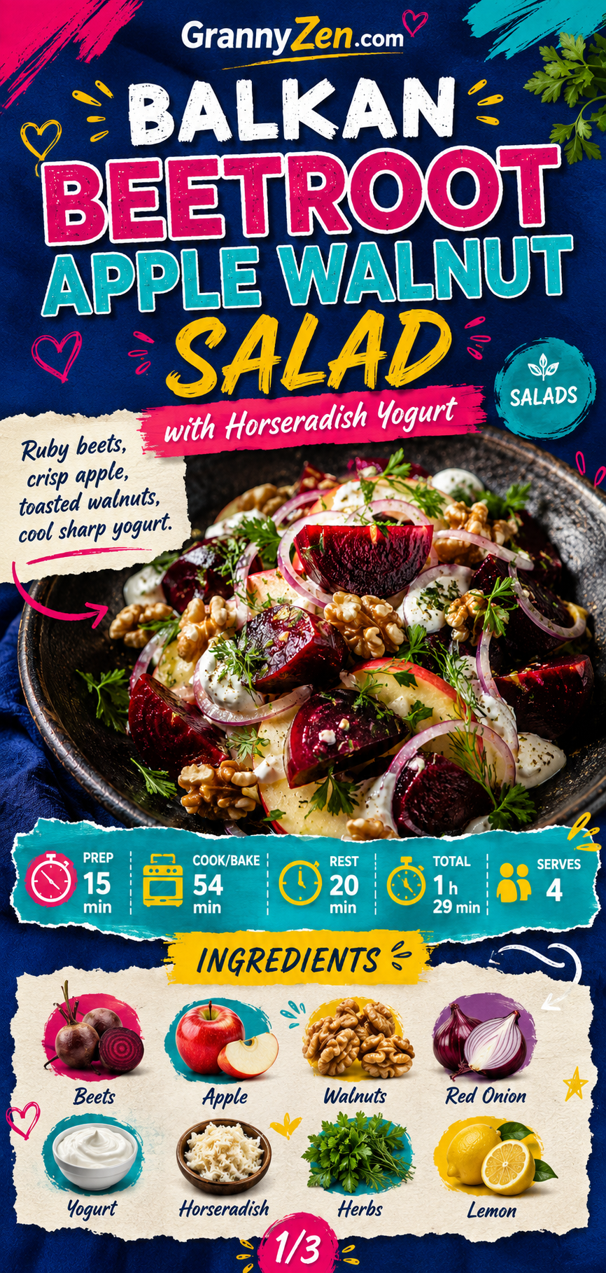 Image for recipe: Balkan Beetroot Apple Walnut Salad with Horseradish Yogurt 🥗✨