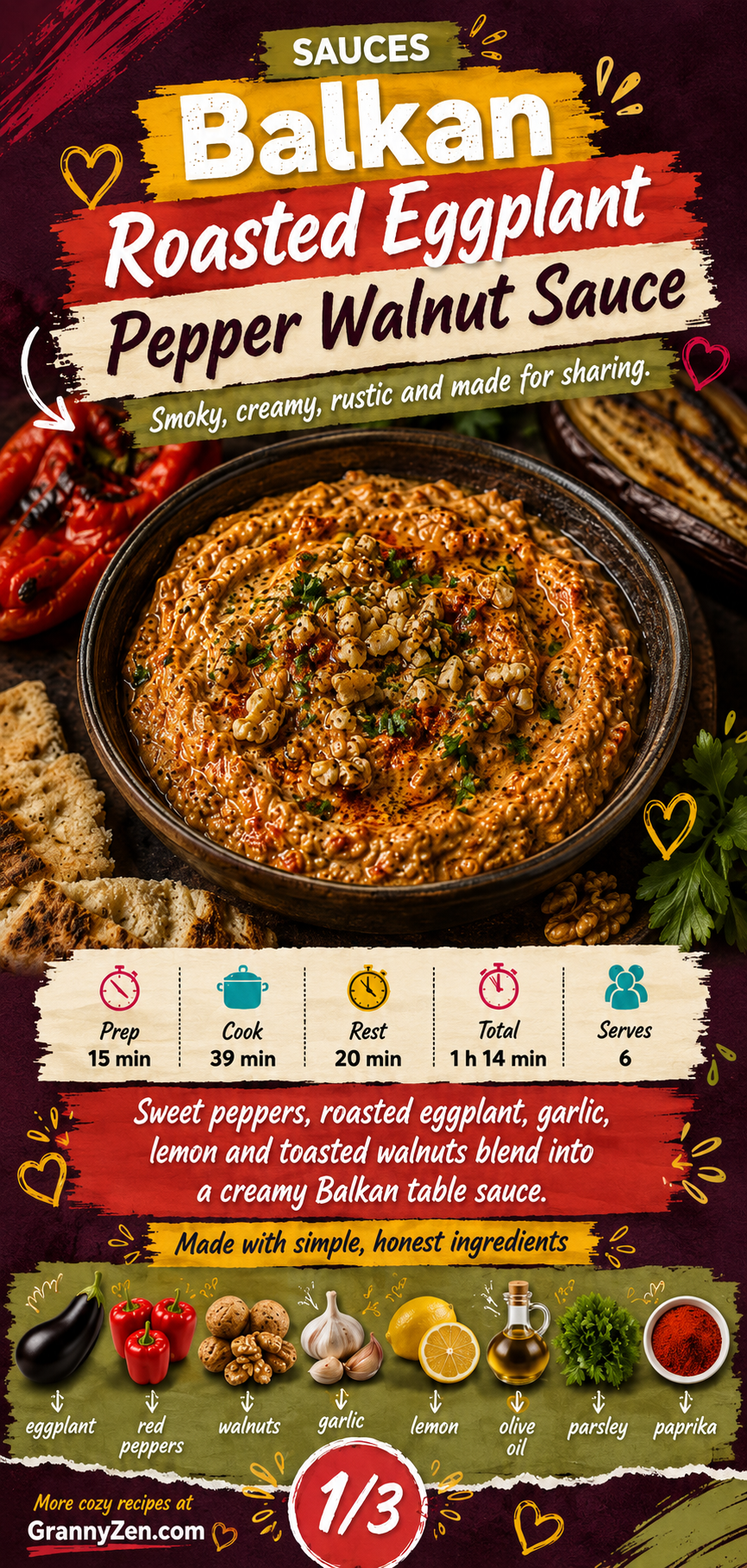 Image for recipe: Balkan Roasted Eggplant Pepper Walnut Sauce 🍆✨