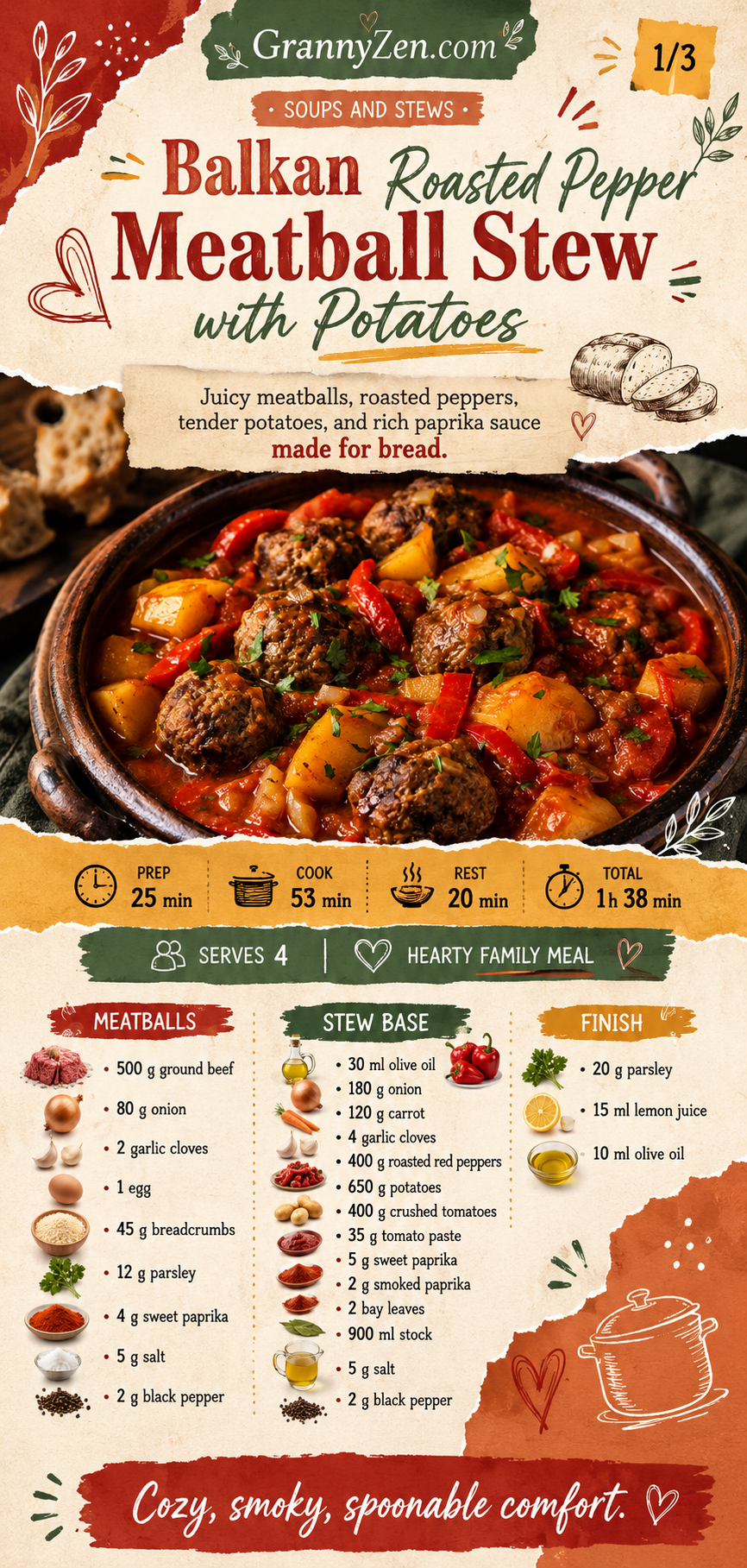 Image for recipe: Balkan Roasted Pepper Meatball Stew with Potatoes 🍲✨