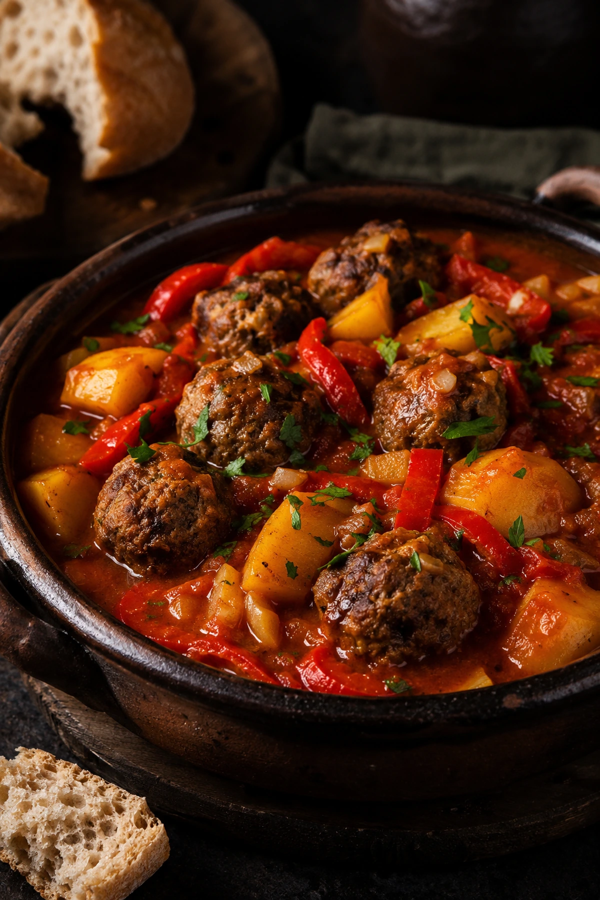 Image for recipe: Balkan Roasted Pepper Meatball Stew with Potatoes 🍲✨