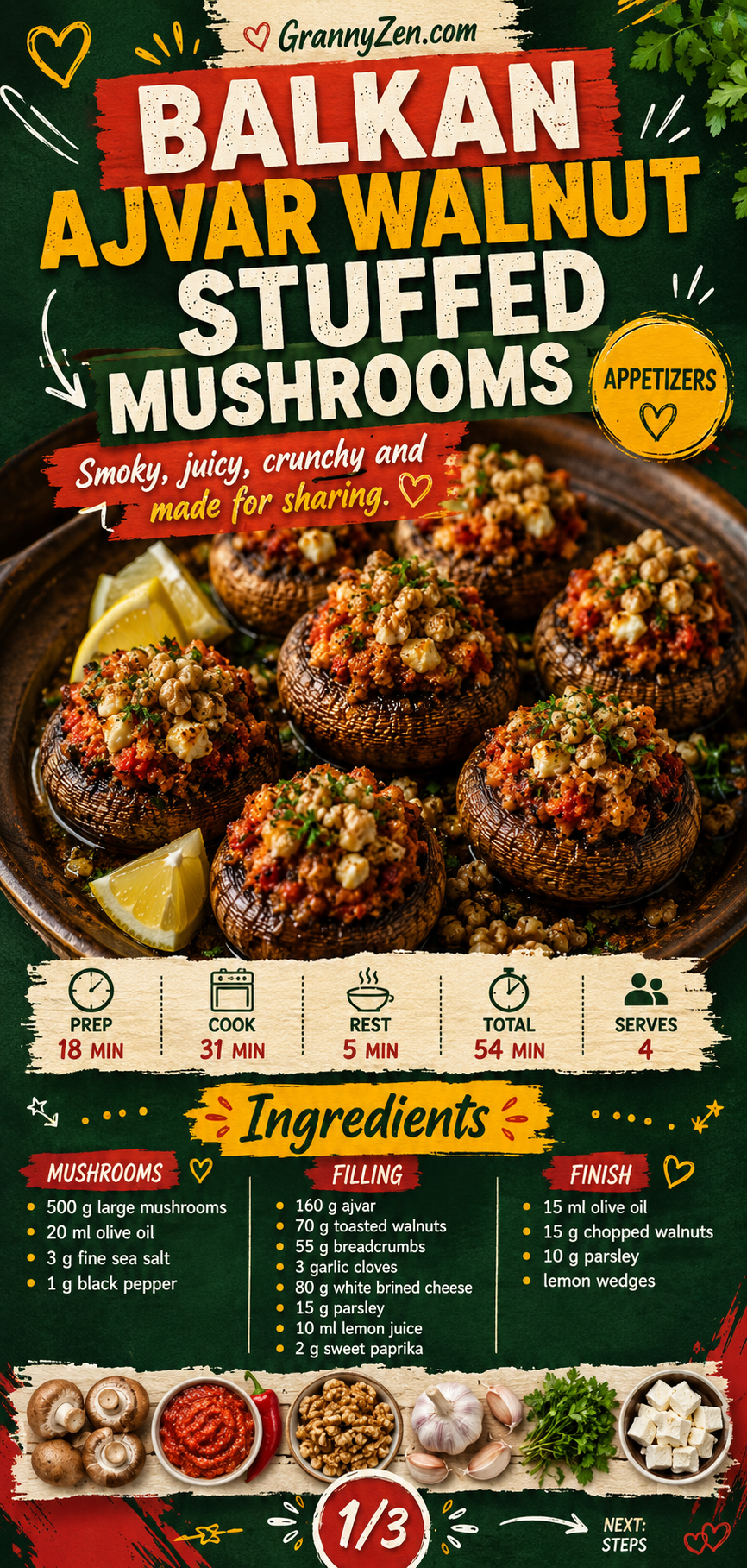 Image for recipe: Balkan Ajvar Walnut Stuffed Mushrooms 🍄✨