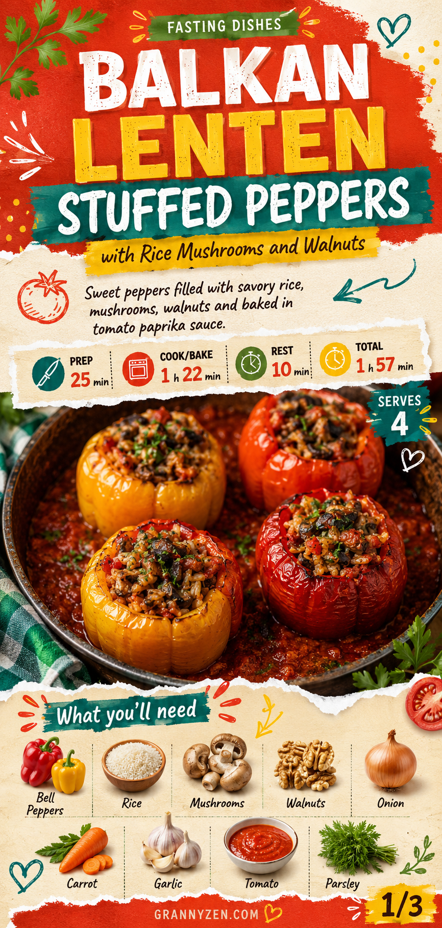 Image for recipe: Balkan Lenten Stuffed Peppers with Rice Mushrooms and Walnuts 🌶️✨