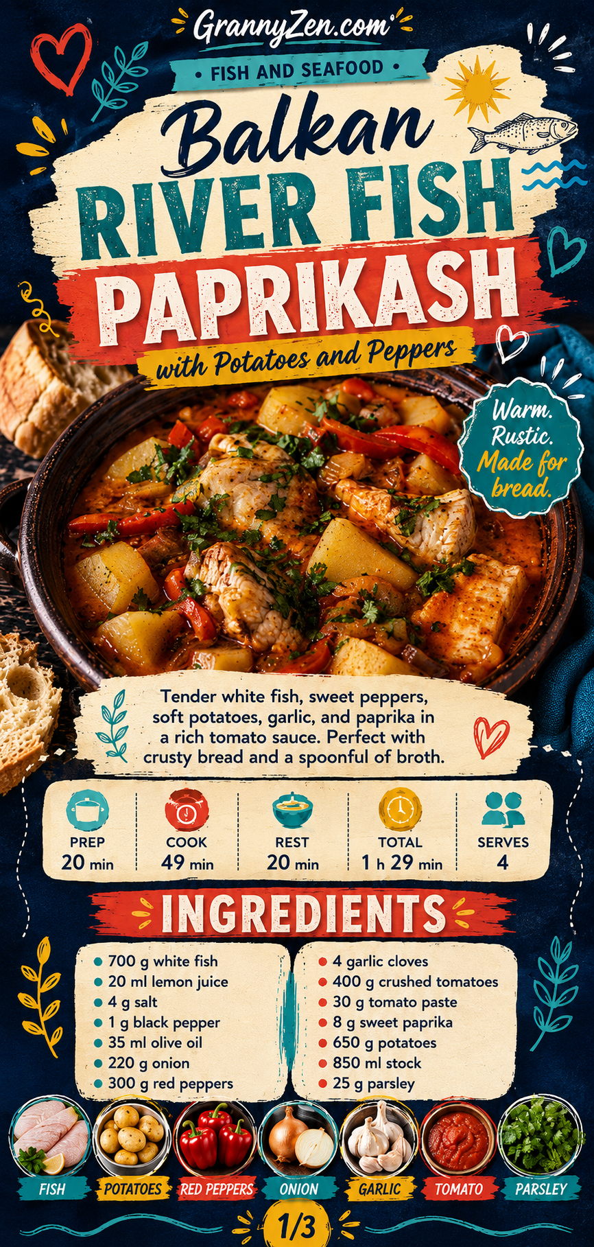 Image for recipe: Balkan River Fish Paprikash with Potatoes and Peppers 🐟✨