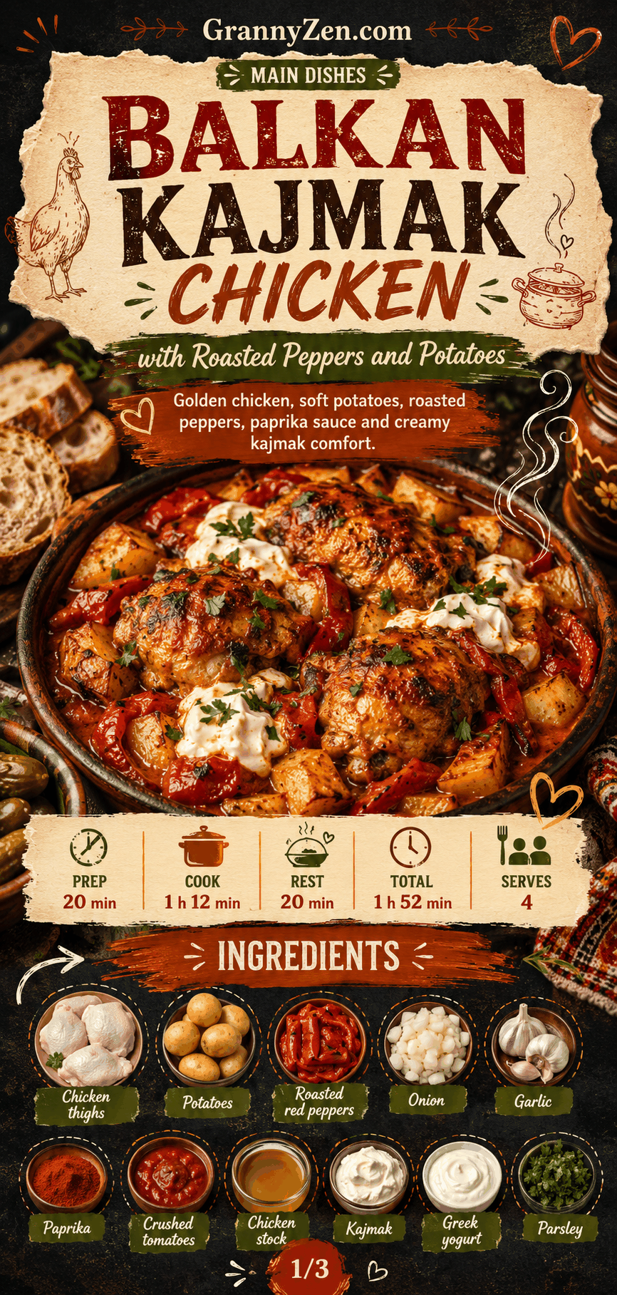 Image for recipe: Balkan Kajmak Chicken with Roasted Peppers and Potatoes 🍗✨