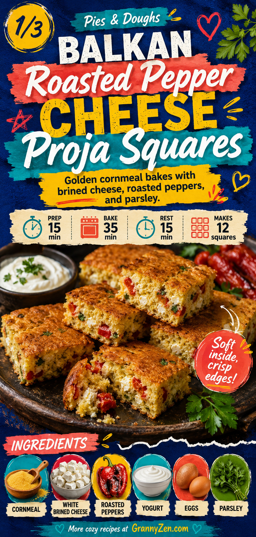 Image for recipe: Balkan Roasted Pepper Cheese Proja Squares 🌽✨