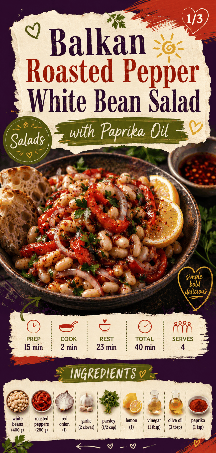 Image for recipe: Balkan Roasted Pepper White Bean Salad with Paprika Oil 🫘✨