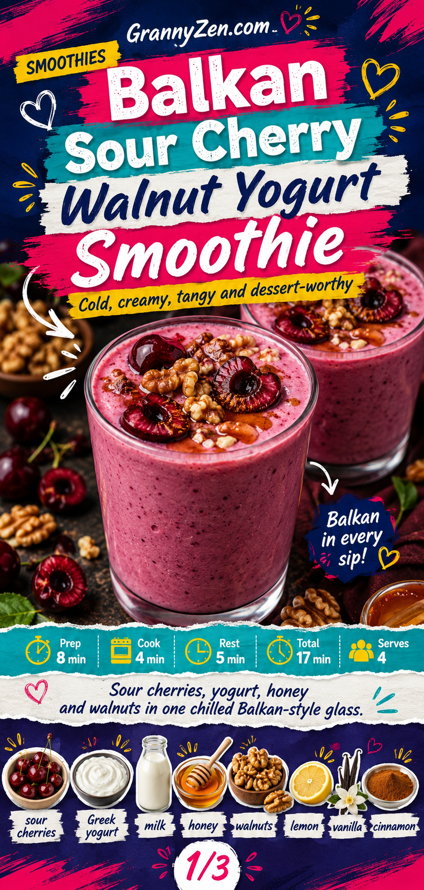 Image for recipe: Balkan Sour Cherry Walnut Yogurt Smoothie 🍒✨