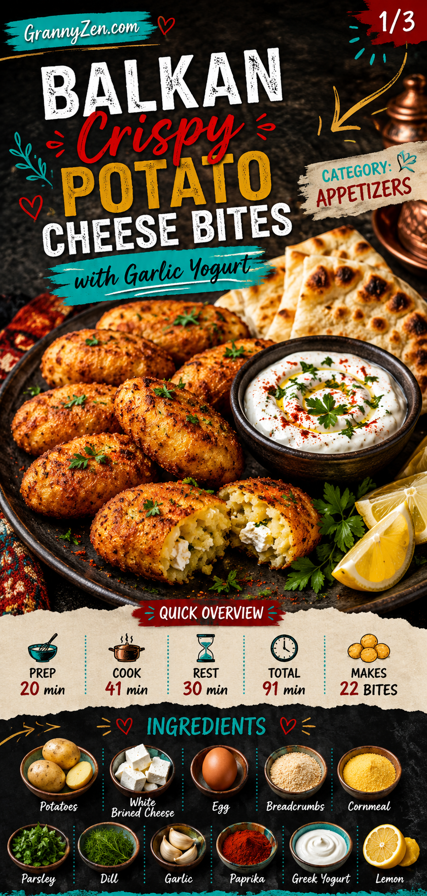 Image for recipe: Balkan Crispy Potato Cheese Bites with Garlic Yogurt 🥔✨