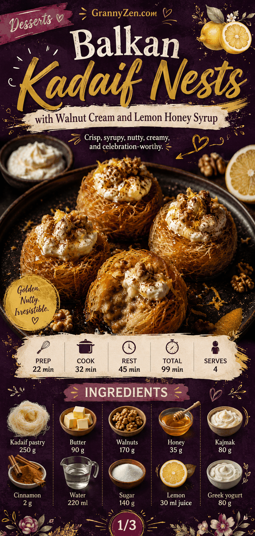Image for recipe: Balkan Kadaif Nests with Walnut Cream and Lemon Honey Syrup 🍯✨