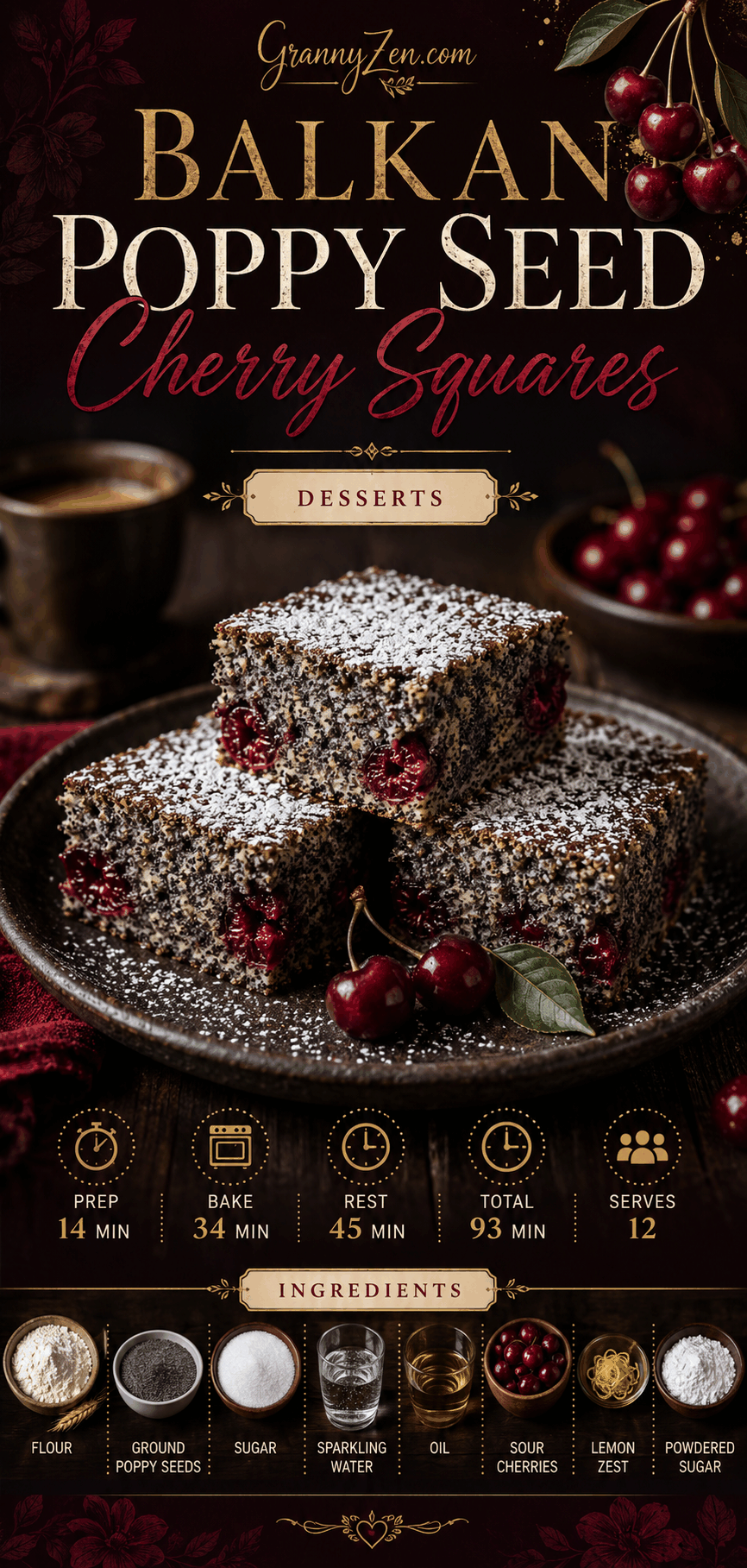 Image for recipe: Balkan Poppy Seed Cherry Squares 🍒✨