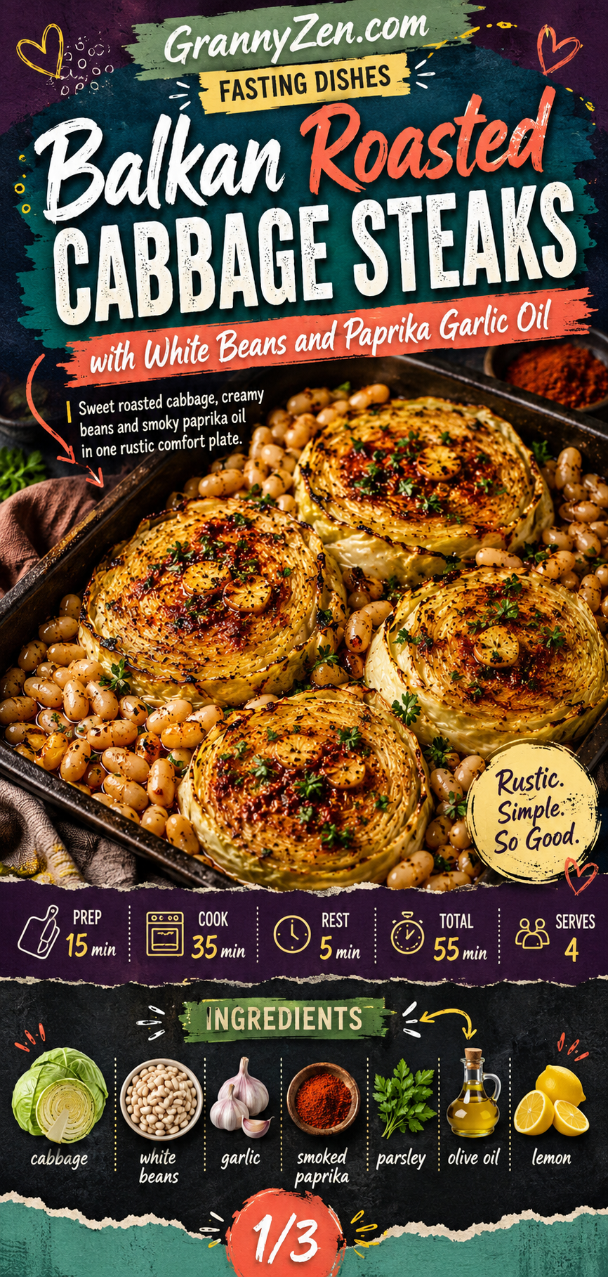Image for recipe: Balkan Roasted Cabbage Steaks with White Beans and Paprika Garlic Oil 🥬✨