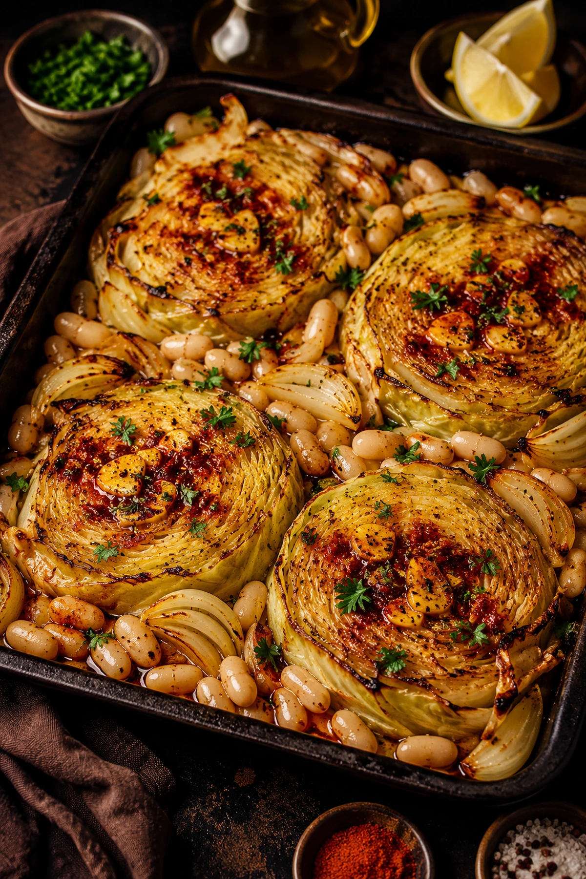 Balkan Roasted Cabbage Steaks with White Beans and Paprika Garlic Oil 🥬✨