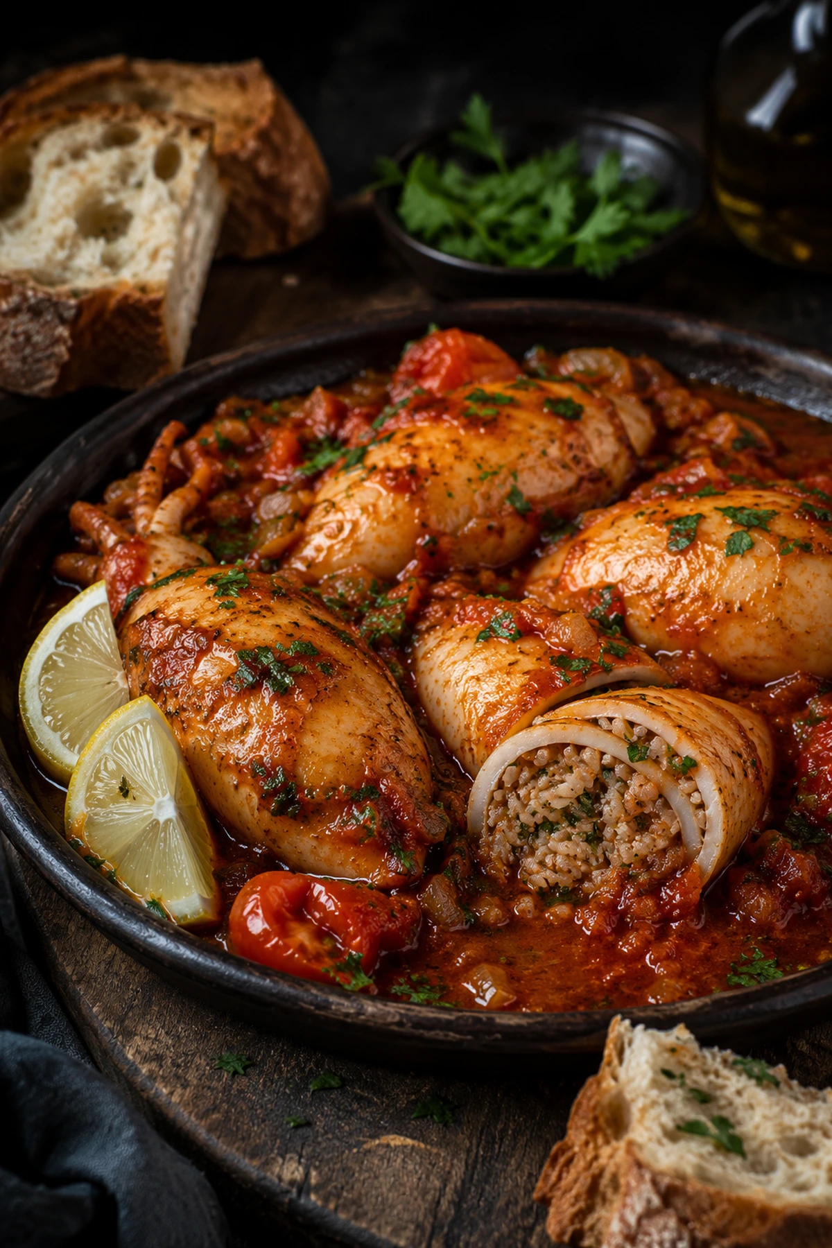 Image for recipe: Balkan Stuffed Squid with Rice Herbs and Tomato Sauce 🦑✨