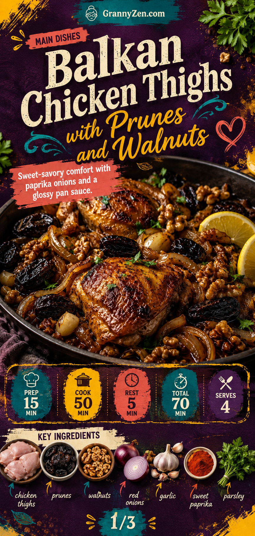 Image for recipe: Balkan Chicken Thighs with Prunes Walnuts and Paprika Onions 🍗✨