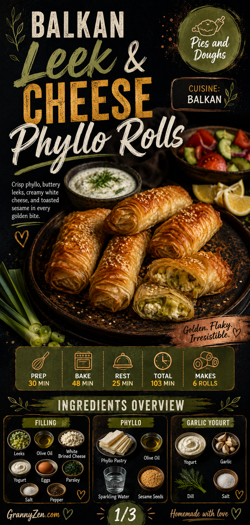 Image for recipe: Balkan Leek and Cheese Phyllo Rolls 🥬✨