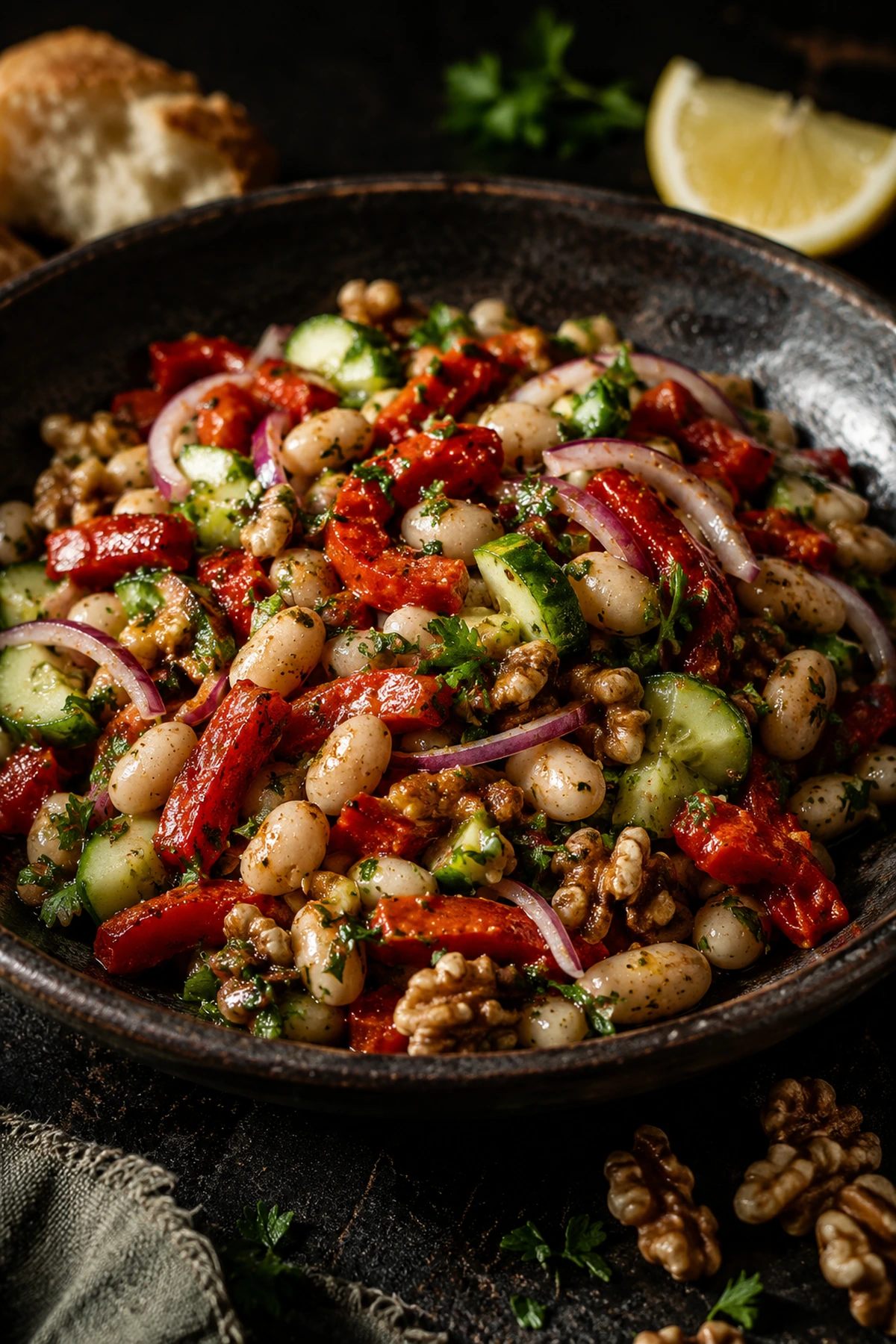 Balkan Roasted Pepper White Bean Salad with Walnut Garlic Dressing 🫑✨