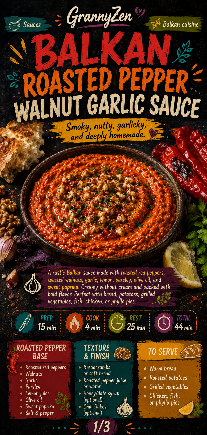 Image for recipe: Balkan Roasted Pepper Walnut Garlic Sauce 🫑✨