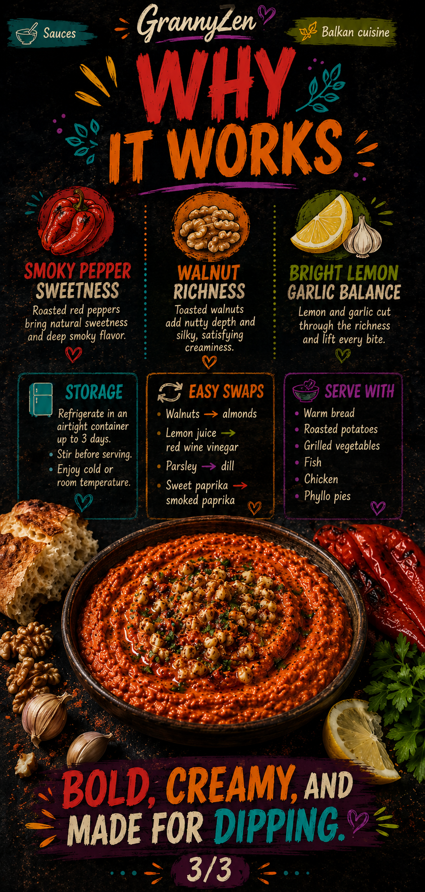 Image for recipe: Balkan Roasted Pepper Walnut Garlic Sauce 🫑✨