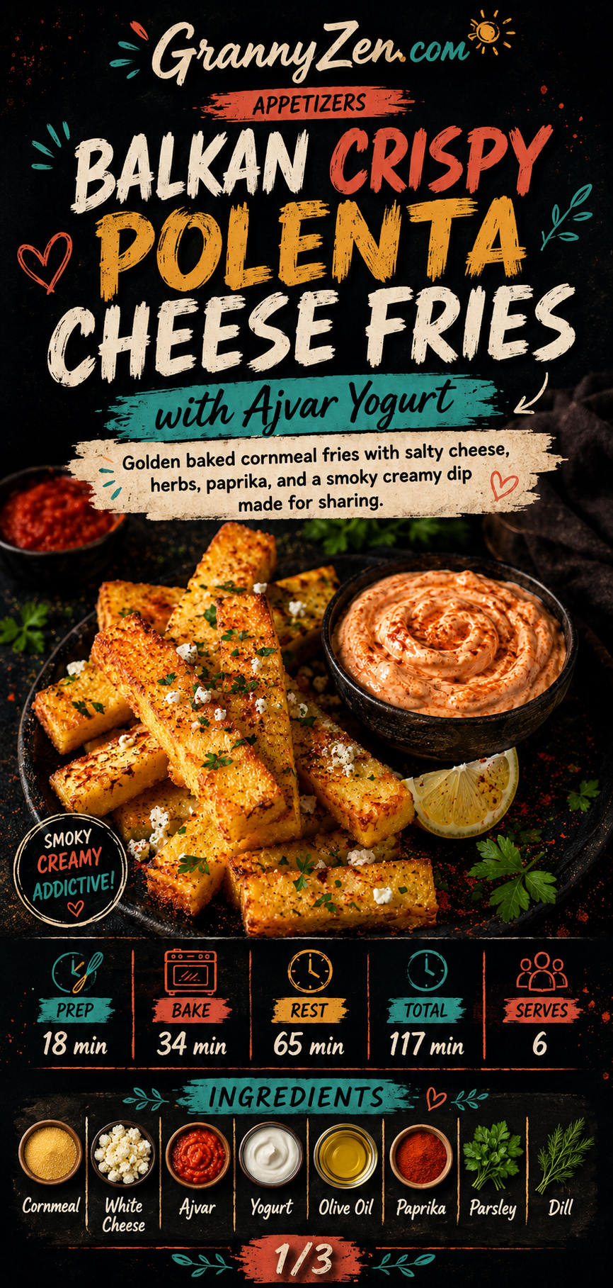 Image for recipe: Balkan Crispy Polenta Cheese Fries with Ajvar Yogurt 🌽✨