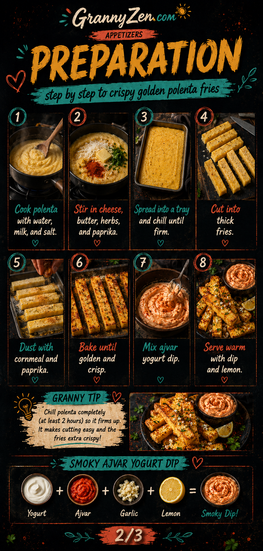 Image for recipe: Balkan Crispy Polenta Cheese Fries with Ajvar Yogurt 🌽✨