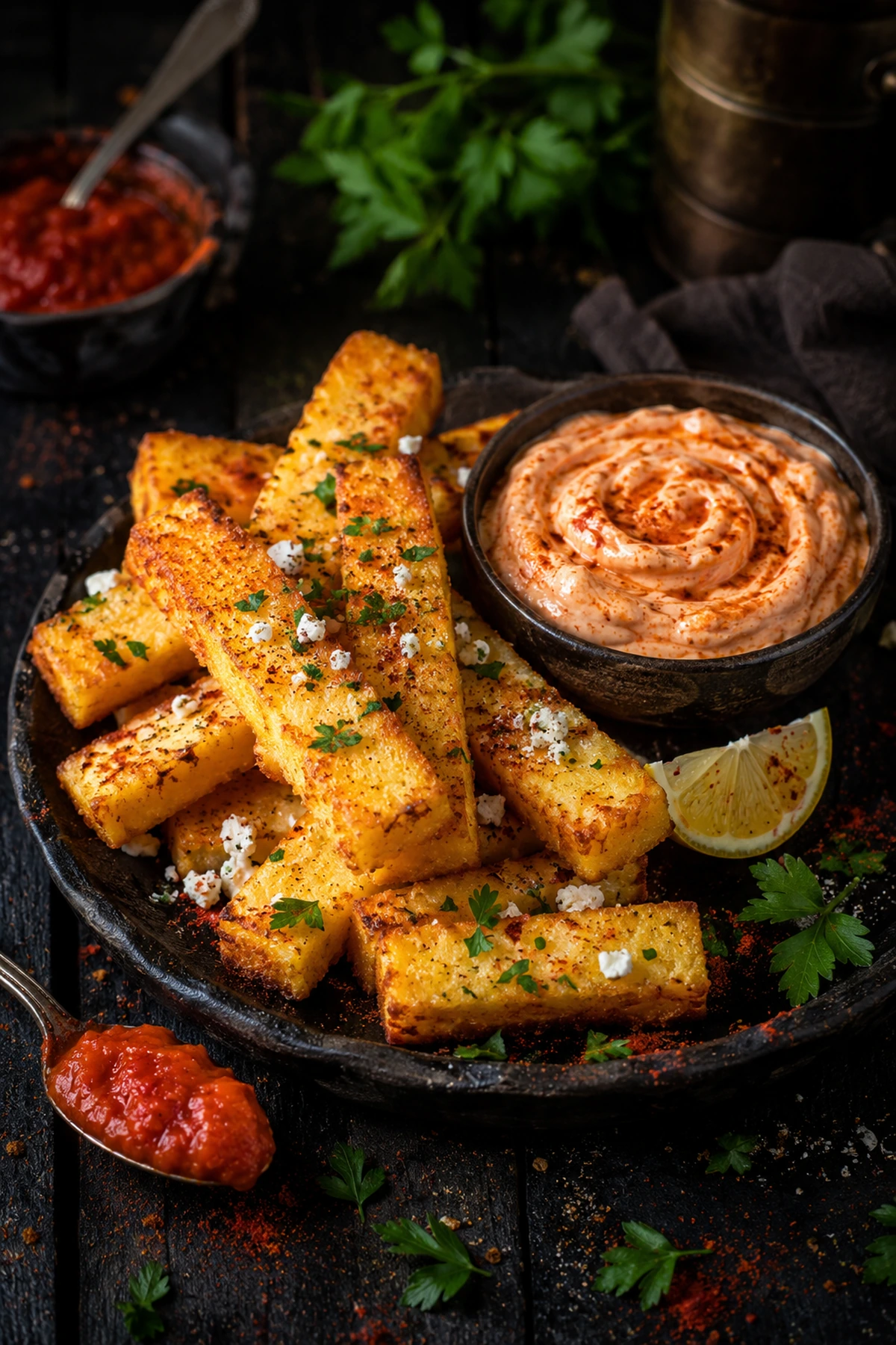 Image for recipe: Balkan Crispy Polenta Cheese Fries with Ajvar Yogurt 🌽✨