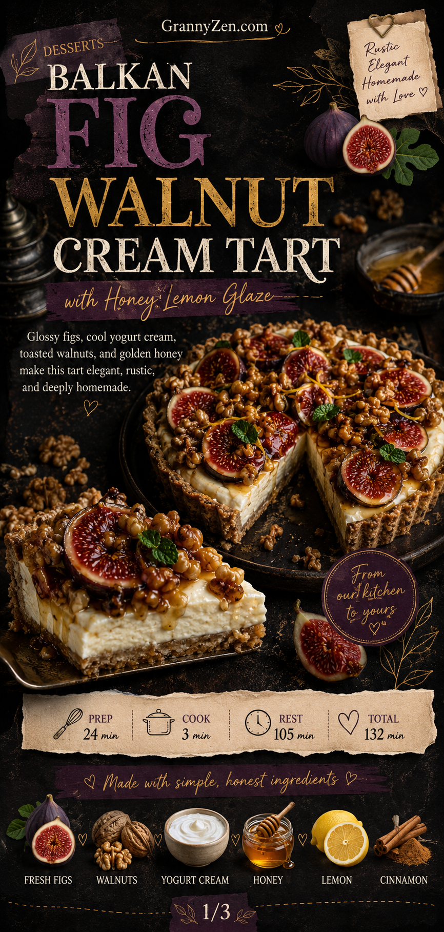 Image for recipe: Balkan Fig Walnut Cream Tart with Honey Lemon Glaze 🍯✨