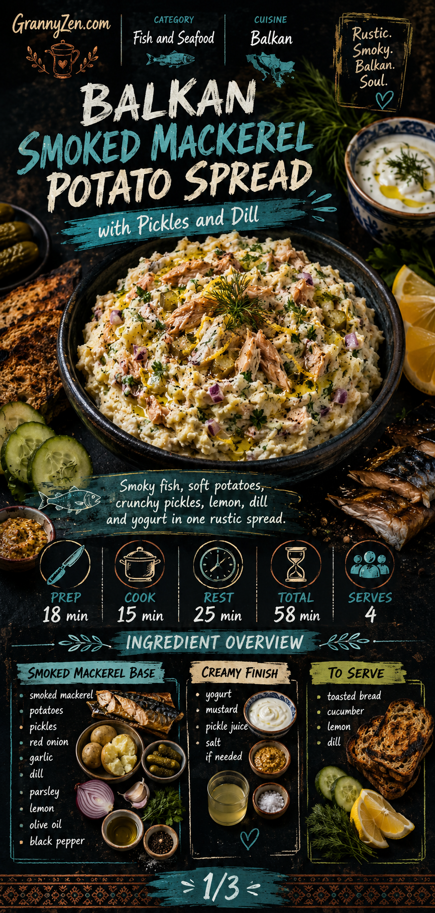 Image for recipe: Balkan Smoked Mackerel Potato Spread with Pickles and Dill 🐟✨