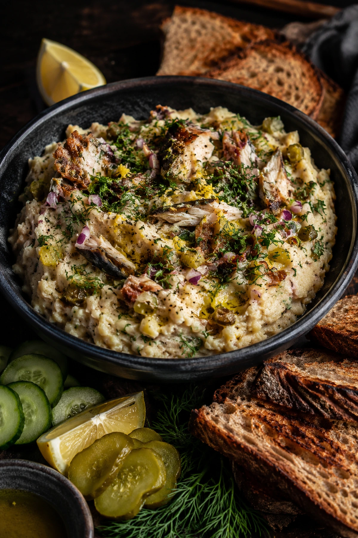 Image for recipe: Balkan Smoked Mackerel Potato Spread with Pickles and Dill 🐟✨